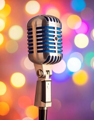 Retro microphone on stand against colorful bokeh background