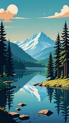 Serene Mountain Landscape with Reflective Lake and Pine Trees