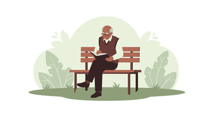 Elderly Man Enjoying a Book on a Park Bench in a Serene Setting