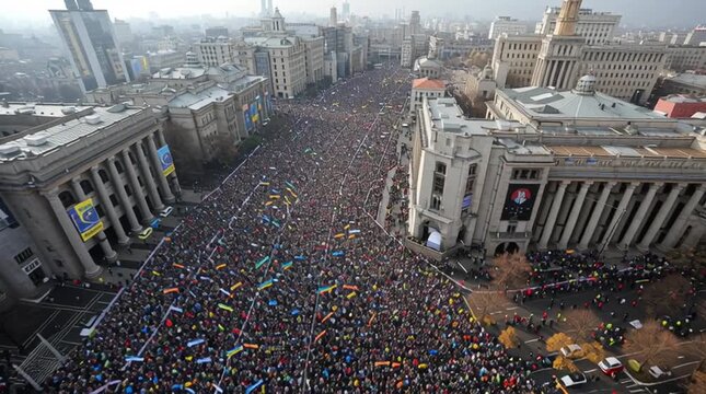 A wide shot of thousands of protesters holding hands in solidarity, creating a powerful and united demonstration scene
