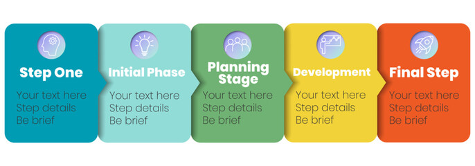 Visual workflow chart with rounded blocks and colorful transitions ideal for presentations. gradient infographic steps, colorful 5-step diagram, business process flow, project timeline graphic,