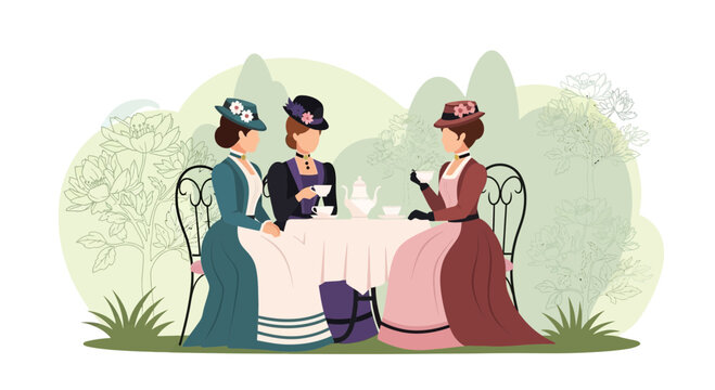 Elegant Afternoon Tea Gathering With Ladies In Vintage Fashion Outdoor Scene