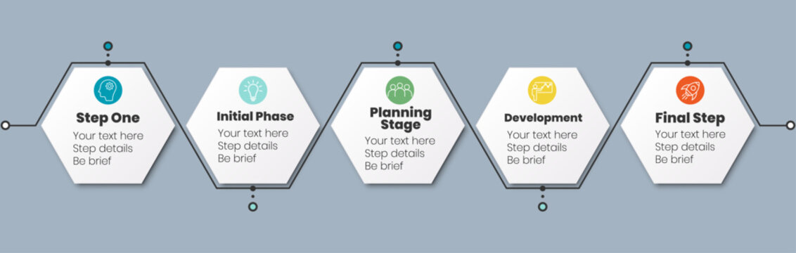 Creative hexagon-shaped business process infographic template showing five stages with bright icons and clean minimal style.