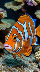 Closeup of Vibrant Clownfish Among Colorful Coral in Marine Habitat