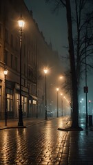 Foggy Night on an Illuminated City Street with Lampposts