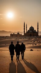 Silhouette of Mosque With People Walking During Sunset in Desert Setting