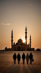 Silhouette of Mosque With People Walking During Sunset in Desert Setting