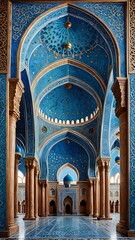Magnificent Islamic Mosque with Blue Domes Captured Through An Archway View