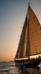 Elegant Sailboat Navigating at Sunset with People Onboard in Open Water