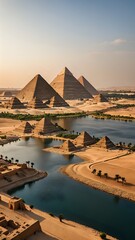 Scenic View of Pyramids Reflecting in Serene Desert Pools with Sand Dunes