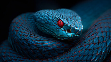 Coiled Blue Snake Staring with Red Eyes on a Dark Background