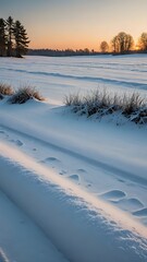 Idyllic Snowy Landscape with Sunset and Pine Trees in Winter Season