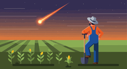 Naklejka premium Farmer Watches Shooting Star Over Golden Crop Field At Twilight Scenery