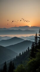 Idyllic Mountain Sunrise with Birds Flying Over Scenic Landscape