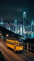 Historic Tram Passing Through Vibrant City Street Among Modern Skyscrapers