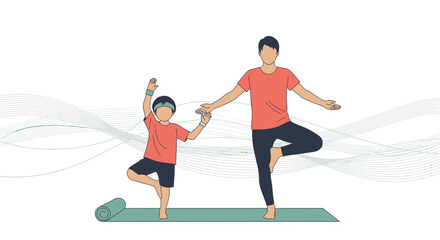 Father and son practicing yoga together creating a harmonious and healthy lifestyle scene, showcasing a positive family activity and wellness