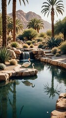 Serene Landscape with Waterfall, Palm Trees, and Cranes in a Desert Oasis
