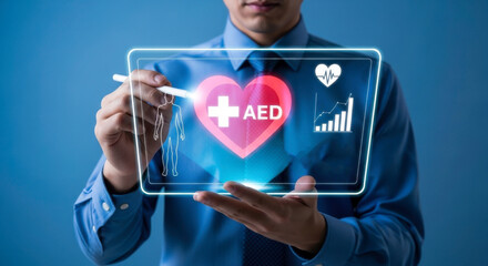 Man in blue shirt interacts with a holographic display showing aed heart and health data visuals 100c
