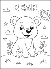  bear coloring page for children. Illustration of a happy cartoon bear smiling. Fun and educational activity sheet for kids.