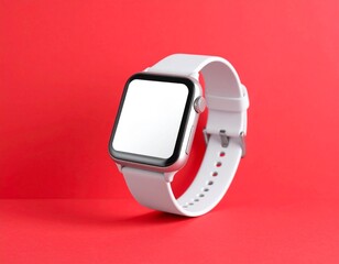Floating smartwatch on red background for wearable technology and lifestyle concept.
