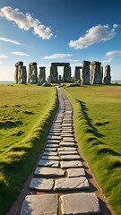 Path Leading to Ancient Stonehenge Monument Under Clear Blue Sky