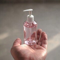 A clear bottle of pink hand sanitizer with a white pump is held in a human palm for hygiene.