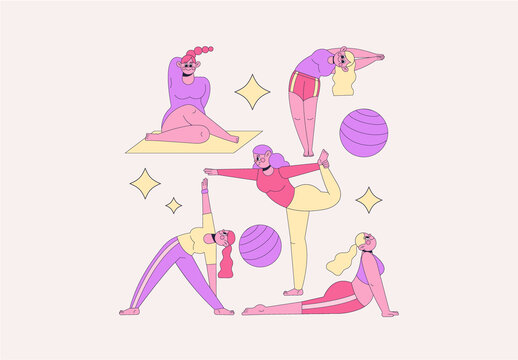 Purple Flat Design Pilates Figures Asset Illustration