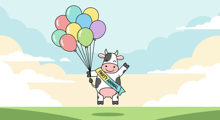 Fototapeta premium Festive Cow Celebrating With Balloons Cartoon Illustration Design Template