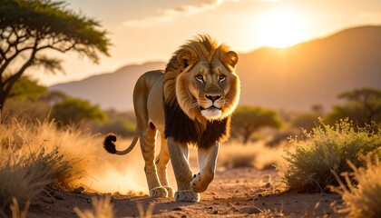 Majestic male lion walking towards the camera on a dirt path at sunset in a savanna landscape