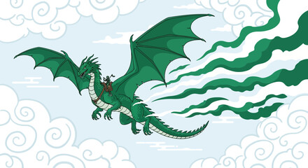Obraz premium Emerald Dragon Flight Against a Cloudy Sky with a Brave Rider