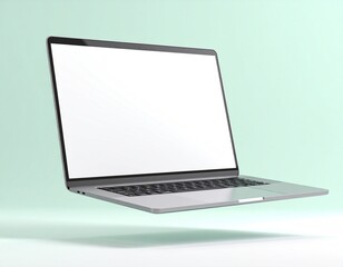 Floating laptop on pastel green background for technology and workspace concept. Generated image