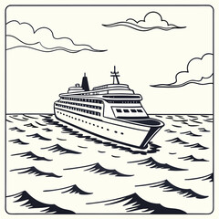 Obraz premium Cruise ship sailing on the ocean with simple cloudscape line art