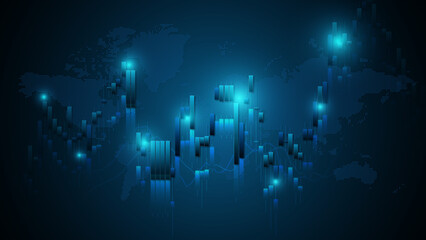Stock chart, stock bar and world map dot style on blue background conveying the meaning of financial trading.