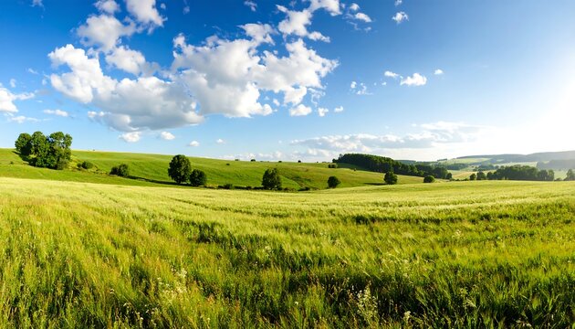 Rolling green fields under a bright blue sky with fluffy clouds with idyllic scenery.