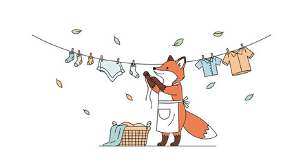 Fox Hanging Clothes on a Clothesline With a Basket of Laundry Illustration