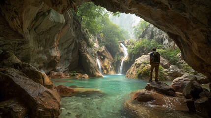 A man is standing in a cave with a waterfall in the background