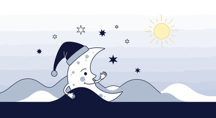 Naklejka premium Friendly Crescent Moon Character Wearing A Sleeping Hat Among Stars In The Sky