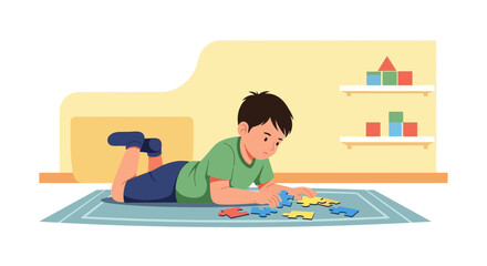 Fototapeta premium Engrossed Young Boy Engages Intently with Jigsaw Puzzle on Floor Indoors