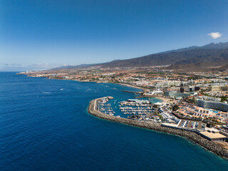 Aerial view of the coast of Tenerife with the port and boats
