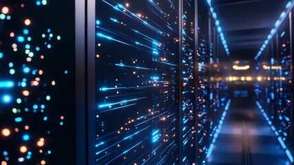 Server racks data center flashing lights transferring digital information - Powered by Adobe