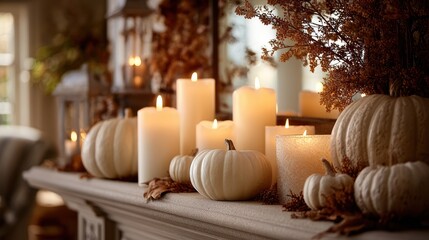 Soft neutral fall palette with white pumpkins and glowing candles, rustic mantel arrangement and elegant seasonal home styling for warm gatherings and timeless harvest charm
