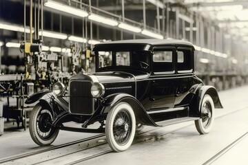 A vintage 1920s car on an assembly line, showcasing classic automotive design and manufacturing in a historical industrial setting.