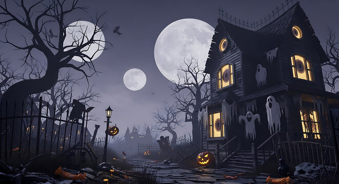 A spooky halloween night scene with a haunted house and full moon in the dark sky background