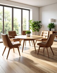 Sunlit dining room with round wooden table and six brown leather chairs