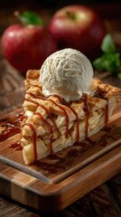 Apple pie slice, topped with ice cream and caramel