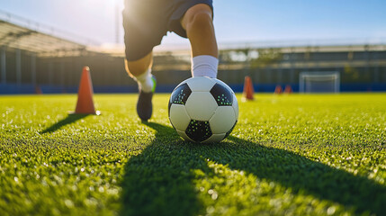 Young boy football player dribbles football ball past cones on football field