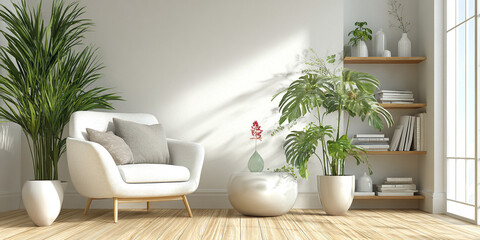 White armchair with plants and books green monstera