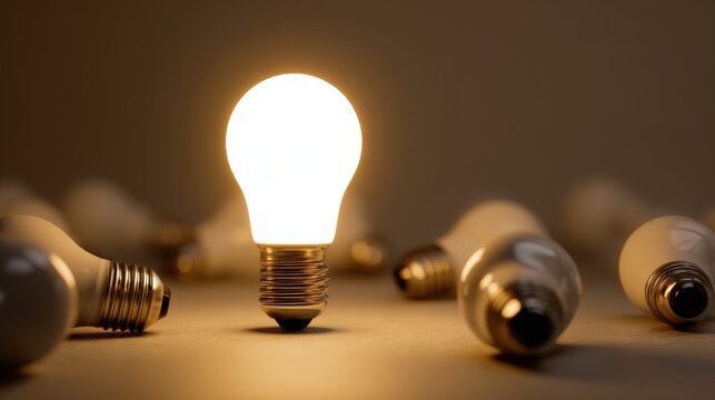 Bright Lightbulb Standing Out Among Dim Ones, Symbolizing Innovation, Creativity and Unique Idea