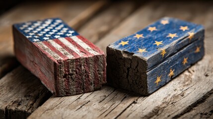 Obraz premium USA and Europe Wooden Blocks: Trade, Relations, and Global Politics Concept on Rustic Wood