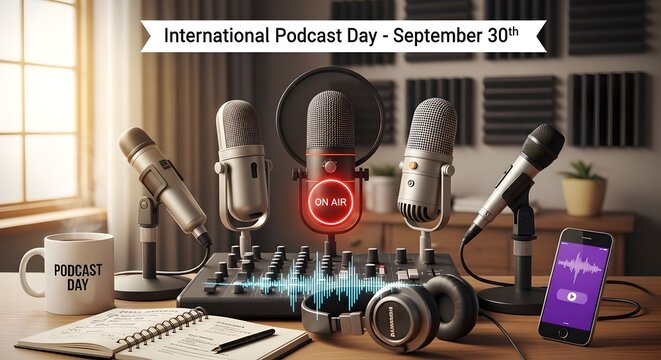 Podcast studio set up with microphones, mixer, headphones, smartphone, and waveform for International Podcast Day concept.